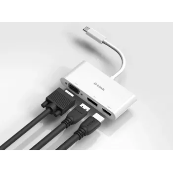 D-Link 3-in-1 USB-C naar HDMI/VGA/DisplayPort-adapter, bedraad, USB 3.2 Gen 1 (3.1 Gen 1) Type-C, wit, CE, FCC, IC, RCM, DC, 0,04 A