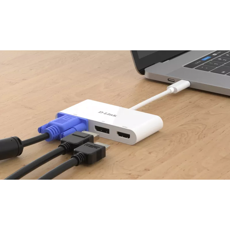 D-Link 3-in-1 USB-C naar HDMI/VGA/DisplayPort-adapter, bedraad, USB 3.2 Gen 1 (3.1 Gen 1) Type-C, wit, CE, FCC, IC, RCM, DC, 0,04 A