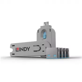 Lindy USB Port Blocker - pack met 4 stuks, kleurcode: blauw, portblocker + sleutel, USB Type-A, blauw, acrylonitril-butadieen-styreen (ABS), 5 stuks, polyzak