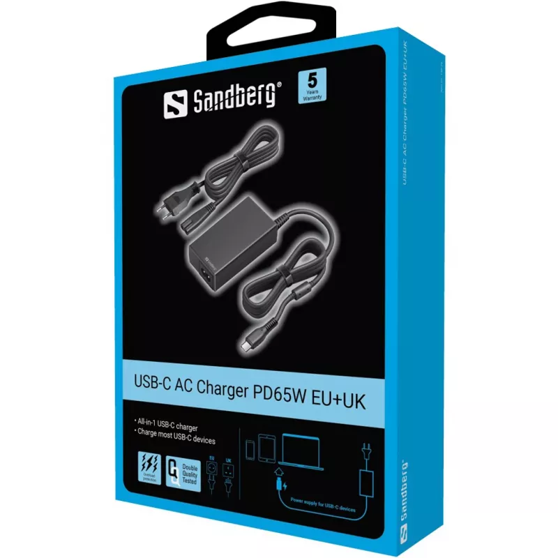 Sandberg 135-76 USB-C netadapter PD65W EU+UK, 65 W, 3,25 A, 100-240 V, 1,8 m kabel
