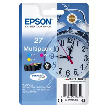 Epson Alarm clock Multipack 3 kleuren 27 DURABrite Ultra inkt, standaardopbrengst, cyaan, magenta, geel, pigmentinkt, 3,6 ml, 1 stuk, multipack