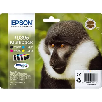 Epson Monkey Multipack 4 kleuren T0895 DURABrite Ultra inkt, zwart, cyaan, magenta, geel, 5,8 ml, 3,5 ml, 1 stuk, multipack