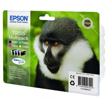 Epson Monkey Multipack 4 kleuren T0895 DURABrite Ultra inkt, zwart, cyaan, magenta, geel, 5,8 ml, 3,5 ml, 1 stuk, multipack