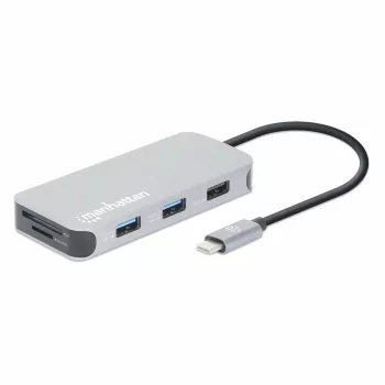 Manhattan USB-C dock/hub met kaartlezer, aansluitingen (x6): Ethernet, HDMI, USB-A (x3) en USB-C, met Power Delivery (100 W) op de USB-C-aansluiting (let op: extra USB-C-voeding en USB-C-kabel vereist), universeel voor alle apparaten, kabel 15 cm, aluminium, zilver