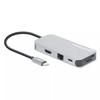 Manhattan USB-C dock/hub met kaartlezer, aansluitingen (x6): Ethernet, HDMI, USB-A (x3) en USB-C, met Power Delivery (100 W) op de USB-C-aansluiting (let op: extra USB-C-voeding en USB-C-kabel vereist), universeel voor alle apparaten, kabel 15 cm, aluminium, zilver