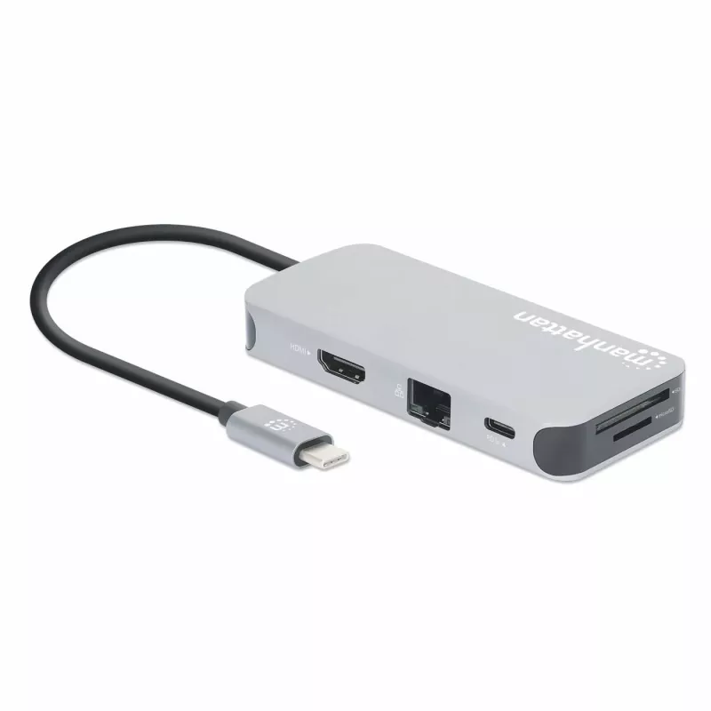 Manhattan USB-C dock/hub met kaartlezer, aansluitingen (x6): Ethernet, HDMI, USB-A (x3) en USB-C, met Power Delivery (100 W) op de USB-C-aansluiting (let op: extra USB-C-voeding en USB-C-kabel vereist), universeel voor alle apparaten, kabel 15 cm, aluminium, zilver
