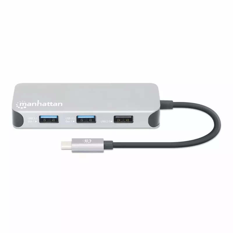Manhattan USB-C dock/hub met kaartlezer, aansluitingen (x6): Ethernet, HDMI, USB-A (x3) en USB-C, met Power Delivery (100 W) op de USB-C-aansluiting (let op: extra USB-C-voeding en USB-C-kabel vereist), universeel voor alle apparaten, kabel 15 cm, aluminium, zilver