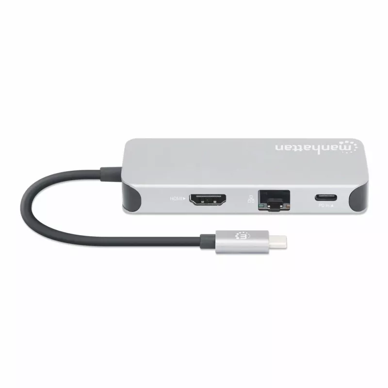 Manhattan USB-C dock/hub met kaartlezer, aansluitingen (x6): Ethernet, HDMI, USB-A (x3) en USB-C, met Power Delivery (100 W) op de USB-C-aansluiting (let op: extra USB-C-voeding en USB-C-kabel vereist), universeel voor alle apparaten, kabel 15 cm, aluminium, zilver