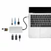 Manhattan USB-C dock/hub met kaartlezer, aansluitingen (x6): Ethernet, HDMI, USB-A (x3) en USB-C, met Power Delivery (100 W) op de USB-C-aansluiting (let op: extra USB-C-voeding en USB-C-kabel vereist), universeel voor alle apparaten, kabel 15 cm, aluminium, zilver