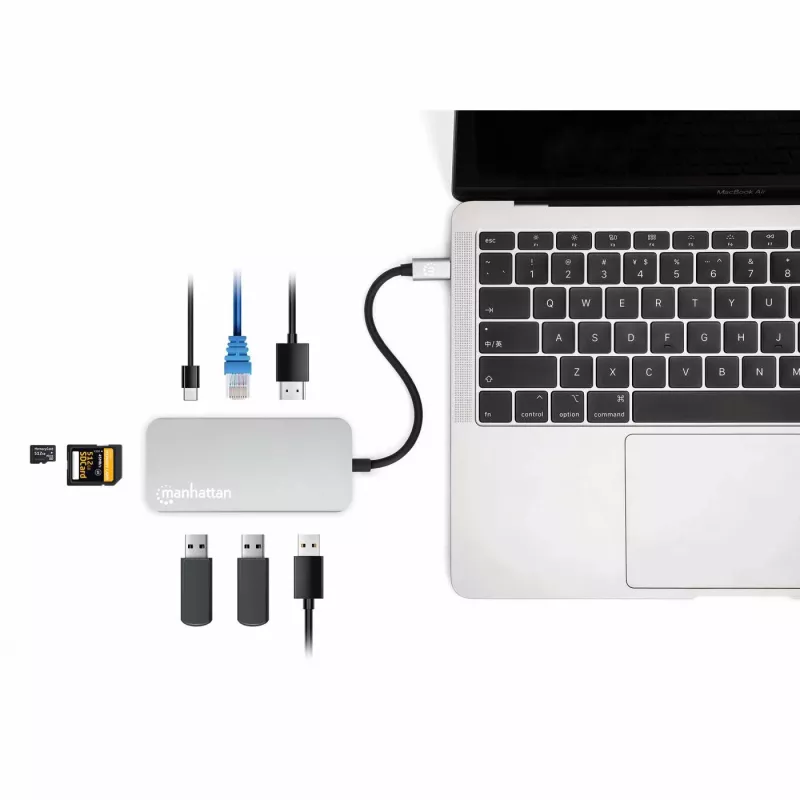 Manhattan USB-C dock/hub met kaartlezer, aansluitingen (x6): Ethernet, HDMI, USB-A (x3) en USB-C, met Power Delivery (100 W) op de USB-C-aansluiting (let op: extra USB-C-voeding en USB-C-kabel vereist), universeel voor alle apparaten, kabel 15 cm, aluminium, zilver