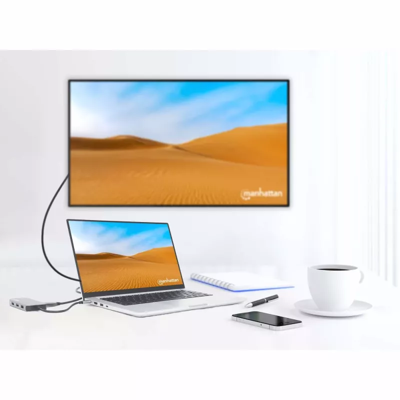 Manhattan USB-C dock/hub met kaartlezer, aansluitingen (x6): Ethernet, HDMI, USB-A (x3) en USB-C, met Power Delivery (100 W) op de USB-C-aansluiting (let op: extra USB-C-voeding en USB-C-kabel vereist), universeel voor alle apparaten, kabel 15 cm, aluminium, zilver
