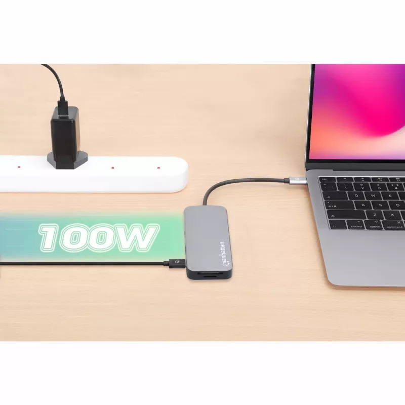 Manhattan USB-C dock/hub met kaartlezer, aansluitingen (x6): Ethernet, HDMI, USB-A (x3) en USB-C, met Power Delivery (100 W) op de USB-C-aansluiting (let op: extra USB-C-voeding en USB-C-kabel vereist), universeel voor alle apparaten, kabel 15 cm, aluminium, zilver