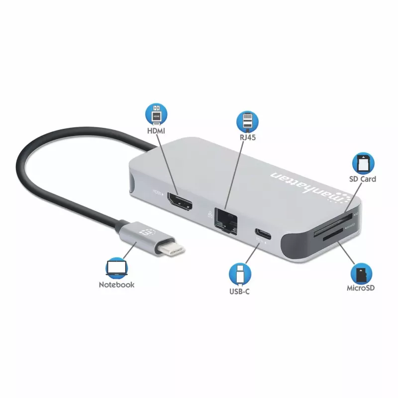 Manhattan USB-C dock/hub met kaartlezer, aansluitingen (x6): Ethernet, HDMI, USB-A (x3) en USB-C, met Power Delivery (100 W) op de USB-C-aansluiting (let op: extra USB-C-voeding en USB-C-kabel vereist), universeel voor alle apparaten, kabel 15 cm, aluminium, zilver