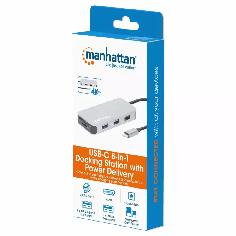 Manhattan USB-C dock/hub met kaartlezer, aansluitingen (x6): Ethernet, HDMI, USB-A (x3) en USB-C, met Power Delivery (100 W) op de USB-C-aansluiting (let op: extra USB-C-voeding en USB-C-kabel vereist), universeel voor alle apparaten, kabel 15 cm, aluminium, zilver