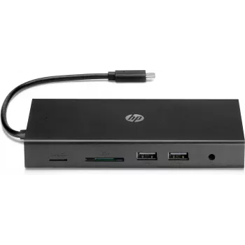USB-C multi-poort hub HP Travel – HP 1C1Y5AA, USB-C host, HDMI 2.0, VGA, 1×RJ-45, 2×USB-A 3.2 Gen1, 2×USB 2.0, MicroSD-kaartlezer, zwart