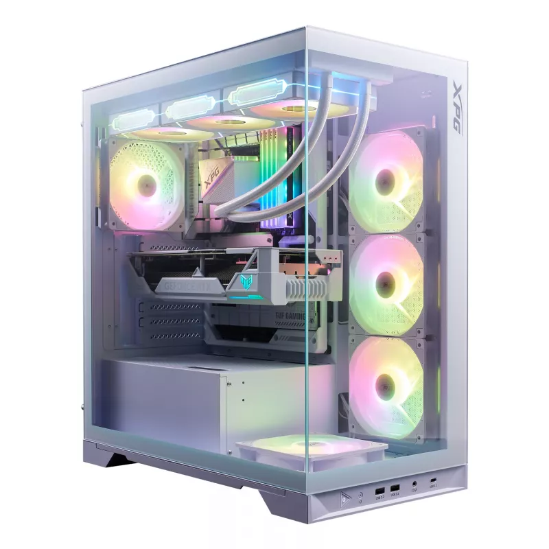 XPG Invader X BTF Midi Tower pc-behuizing, ATX/Micro-ATX/Mini-ITX, transparant zijpaneel, 5 ARGB-ventilatoren van 120 mm, USB-C, zonder voeding, wit
