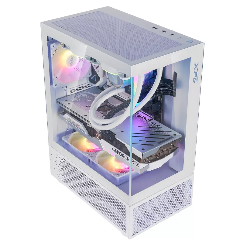 XPG Invader X Mini Midi Tower pc-behuizing, ATX/Micro-ATX/Mini-ITX, glazen panelen, 5 ARGB-ventilatoren van 120 mm, USB-C, zonder voeding, wit