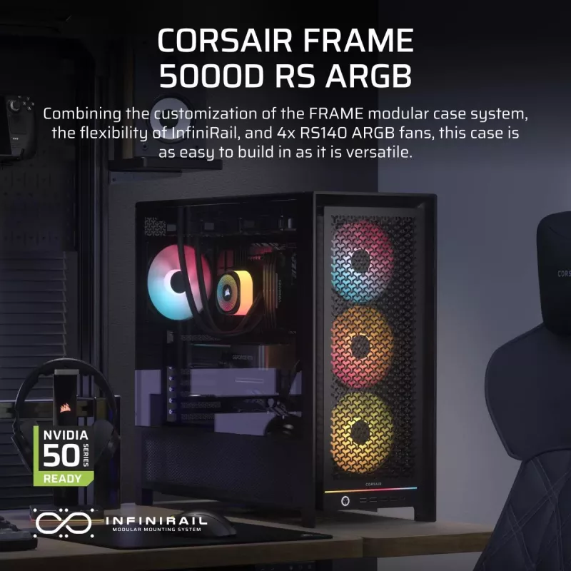 PC-behuizing CORSAIR FRAME 5000D RS ARGB midi-tower zwart — ATX, ondersteunt 3x140mm frontventilatoren, 2,5/3,5-inch drives