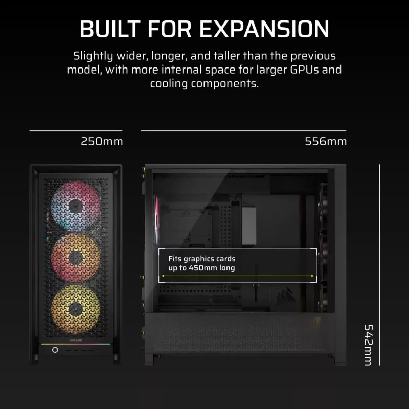 PC-behuizing CORSAIR FRAME 5000D RS ARGB midi-tower zwart — ATX, ondersteunt 3x140mm frontventilatoren, 2,5/3,5-inch drives