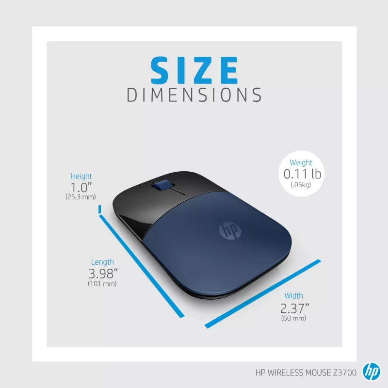 HP Z3700 blauwe draadloze muis, voor beide handen, optisch, RF draadloos, 1200 DPI, blauw