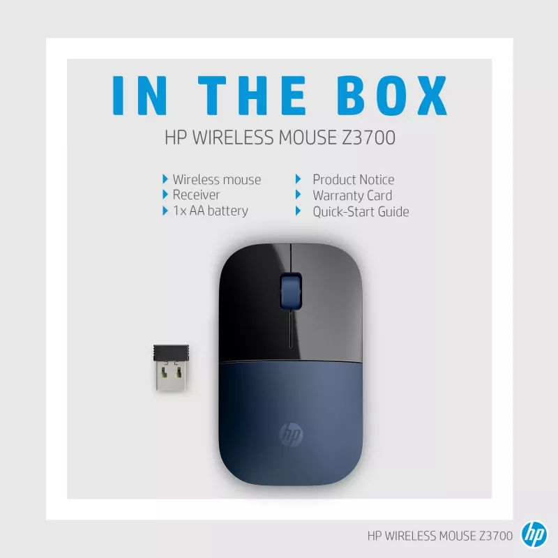 HP Z3700 blauwe draadloze muis, voor beide handen, optisch, RF draadloos, 1200 DPI, blauw