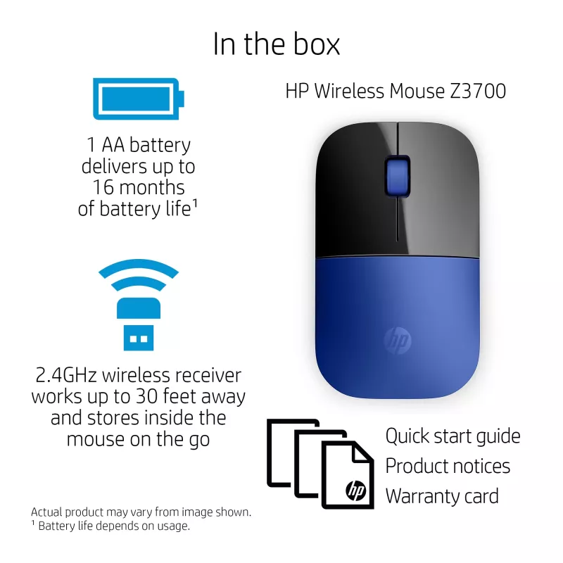 HP Z3700 blauwe draadloze muis, voor beide handen, optisch, RF draadloos, 1200 DPI, blauw