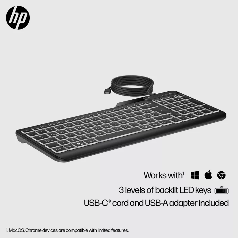 HP 405 multi-device verlicht bedraad toetsenbord, volledig formaat (100%), bedraad, USB, membraan, zwart