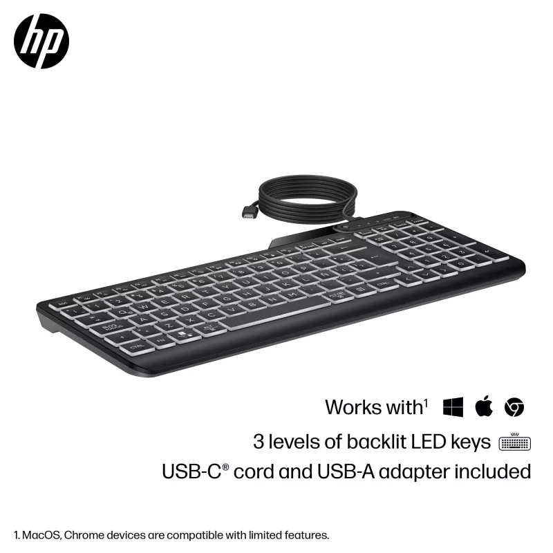HP 405 multi-device verlicht bedraad toetsenbord, volledig formaat (100%), bedraad, USB, membraan, zwart