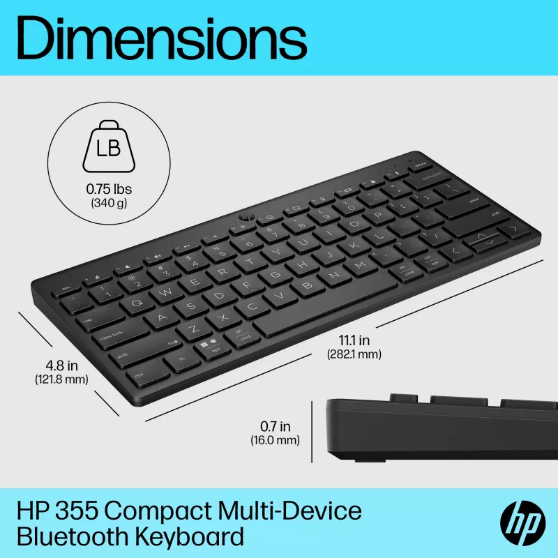 Compact Bluetooth-toetsenbord HP 355 – draadloze mechanische toetsen, zwart, 0,34 kg