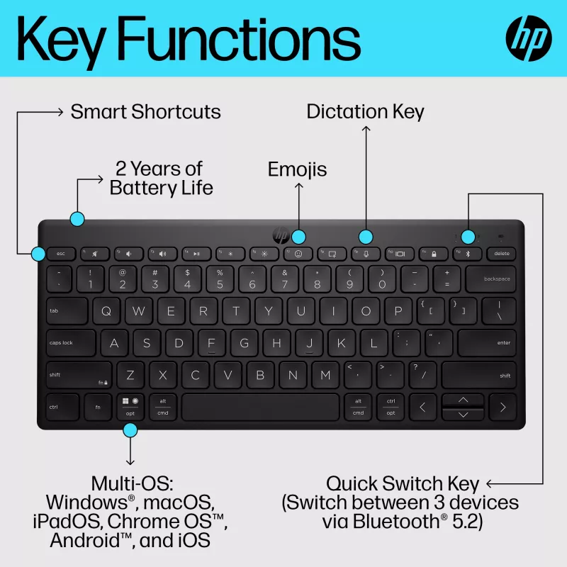 Compact Bluetooth-toetsenbord HP 355 – draadloze mechanische toetsen, zwart, 0,34 kg