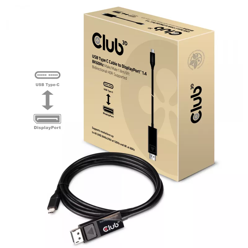 CLUB3D USB Type-C-kabel naar DP 1.4 8K60Hz M/M 1,8m/5,9ft