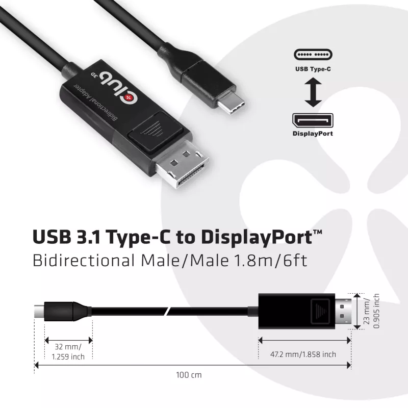 CLUB3D USB Type-C-kabel naar DP 1.4 8K60Hz M/M 1,8m/5,9ft