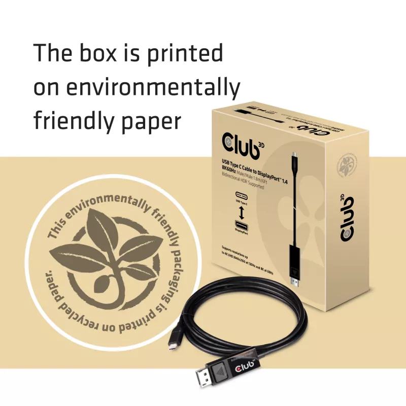 CLUB3D USB Type-C-kabel naar DP 1.4 8K60Hz M/M 1,8m/5,9ft
