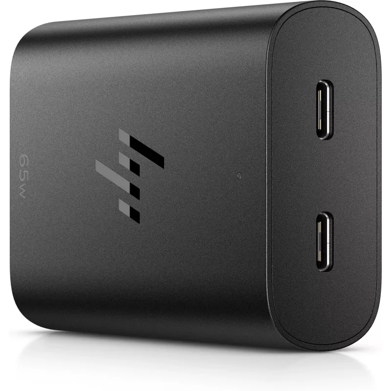 HP 600Q7AA 65 W GaN USB-C laptoplader, 2× USB-C, 20 V, zwart