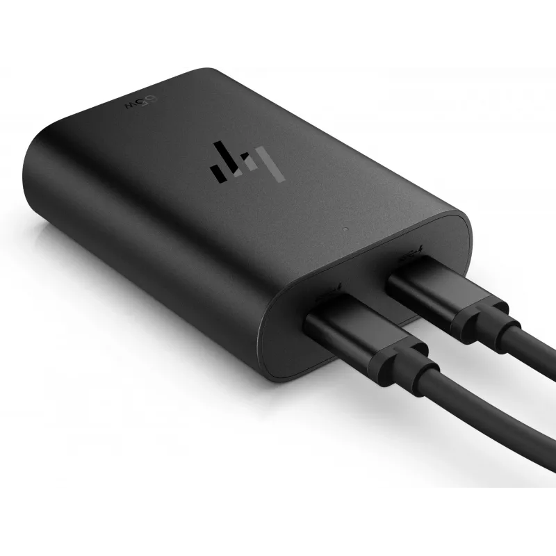 HP 600Q7AA 65 W GaN USB-C laptoplader, 2× USB-C, 20 V, zwart