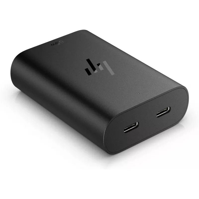 HP 600Q7AA 65 W GaN USB-C laptoplader, 2× USB-C, 20 V, zwart