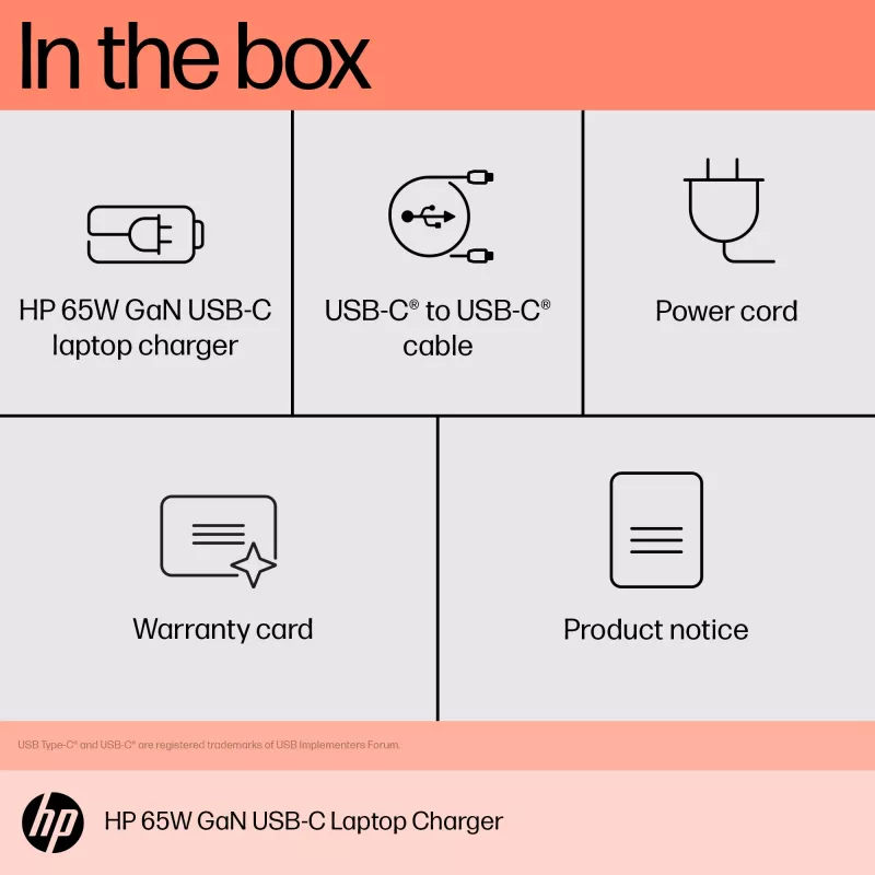 HP 600Q7AA 65 W GaN USB-C laptoplader, 2× USB-C, 20 V, zwart