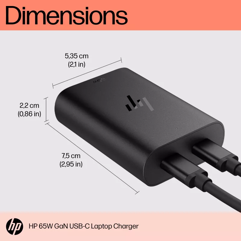 HP 600Q7AA 65 W GaN USB-C laptoplader, 2× USB-C, 20 V, zwart