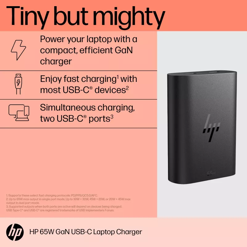 HP 600Q7AA 65 W GaN USB-C laptoplader, 2× USB-C, 20 V, zwart