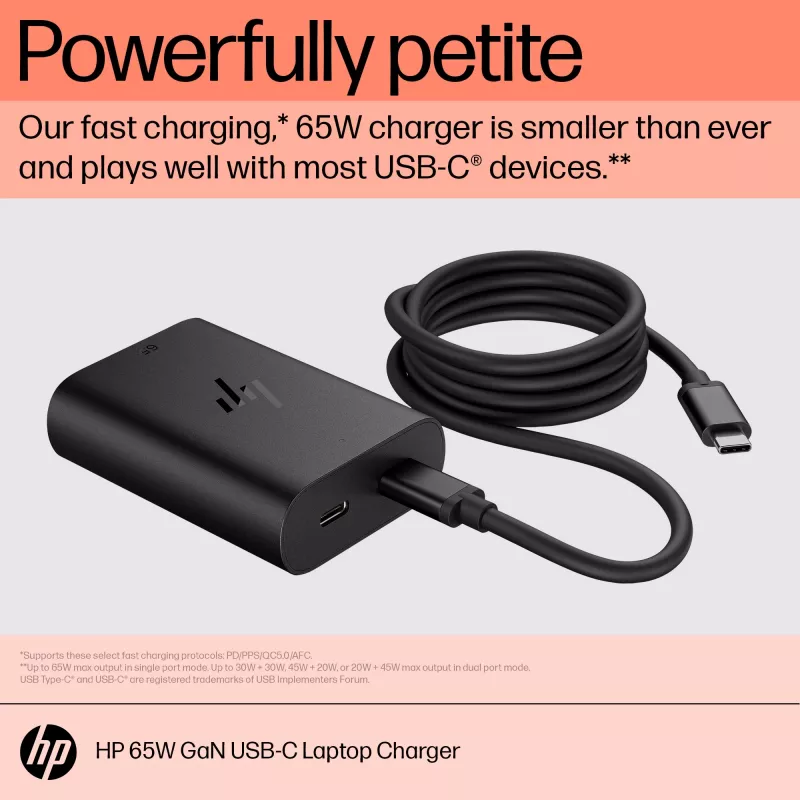HP 600Q7AA 65 W GaN USB-C laptoplader, 2× USB-C, 20 V, zwart