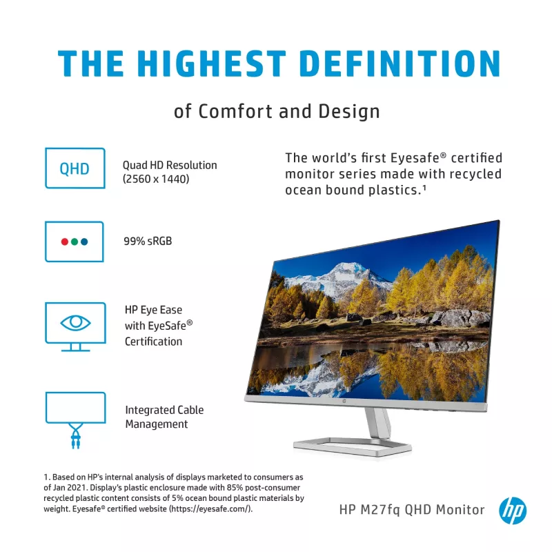 Monitor HP M27fq 27 inch Quad HD 2560x1440 IPS LCD, 300 cd/m², 75 Hz, 5 ms, zilver