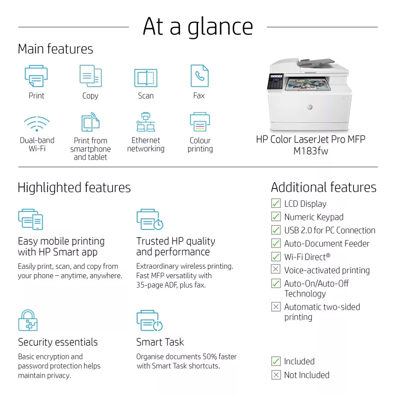 HP Color LaserJet Pro MFP M183fw, Laser, kleurendruk, 600 x 600 DPI, A4, direct printen, wit