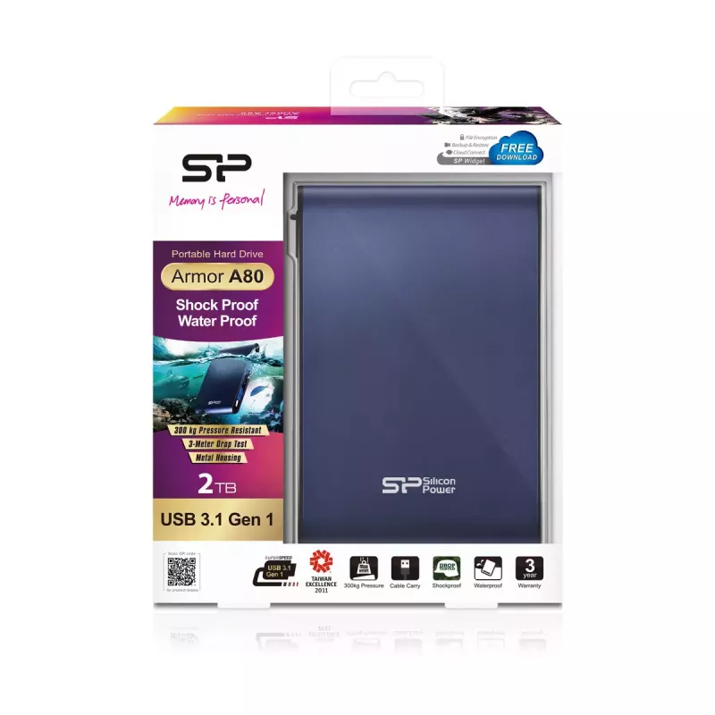 Silicon Power Armor A80 externe harde schijf, 2 TB, 2,5 inch, USB 3.1 Gen 1, blauw