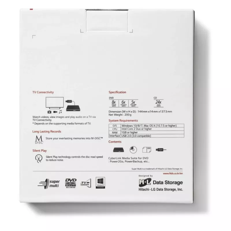 HITACHI-LG DATA STORAGE slanke draagbare DVD-drive - Gp60nw60 - USB 2.0 - wit