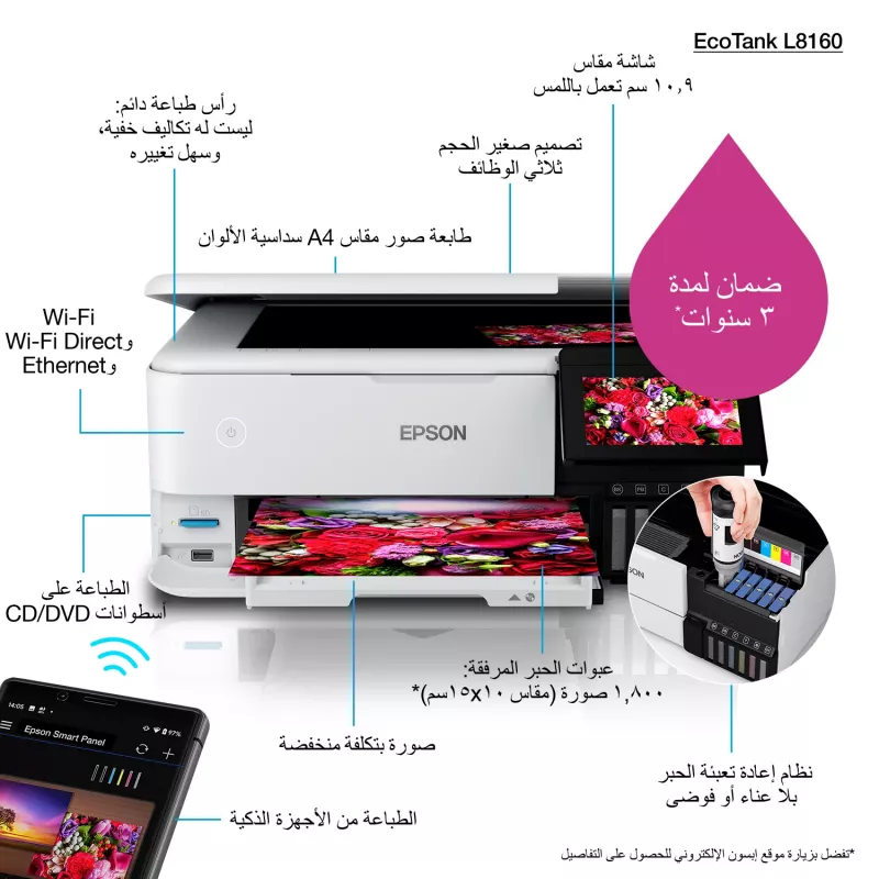 Multifunctionele inkjetprinter Epson EcoTank L8160 — kleurendruk, 5760x1440 DPI, 32 ppm, A4, Wi‑Fi, duplex