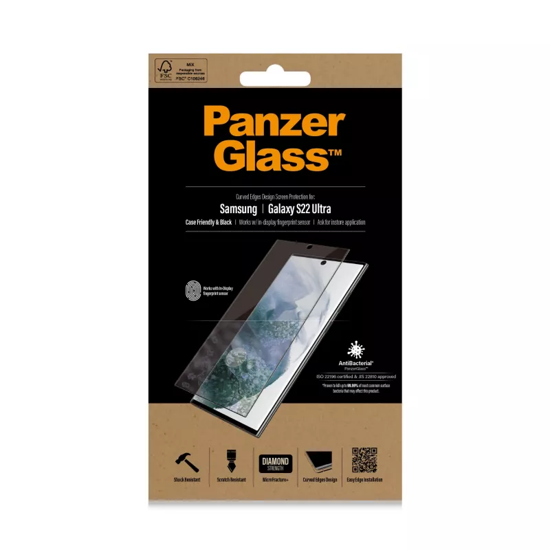 PanzerGlass 7295 screenprotector voor Samsung Galaxy S22 Ultra, gehard glas, hoesvriendelijk, zwart