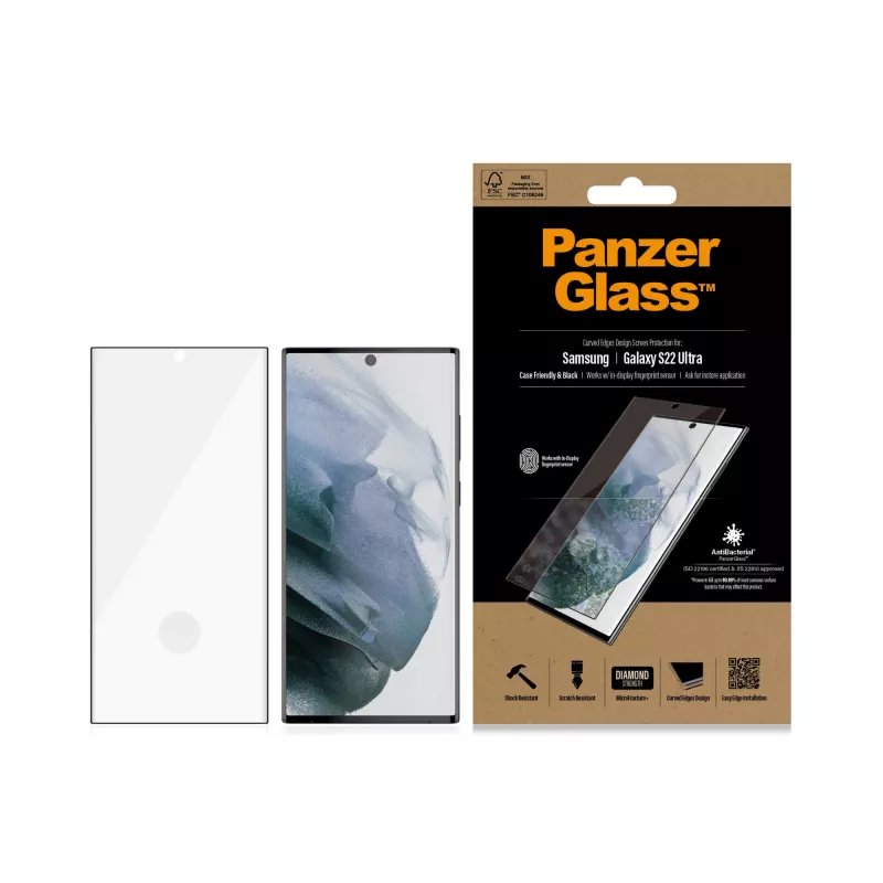 PanzerGlass 7295 screenprotector voor Samsung Galaxy S22 Ultra, gehard glas, hoesvriendelijk, zwart