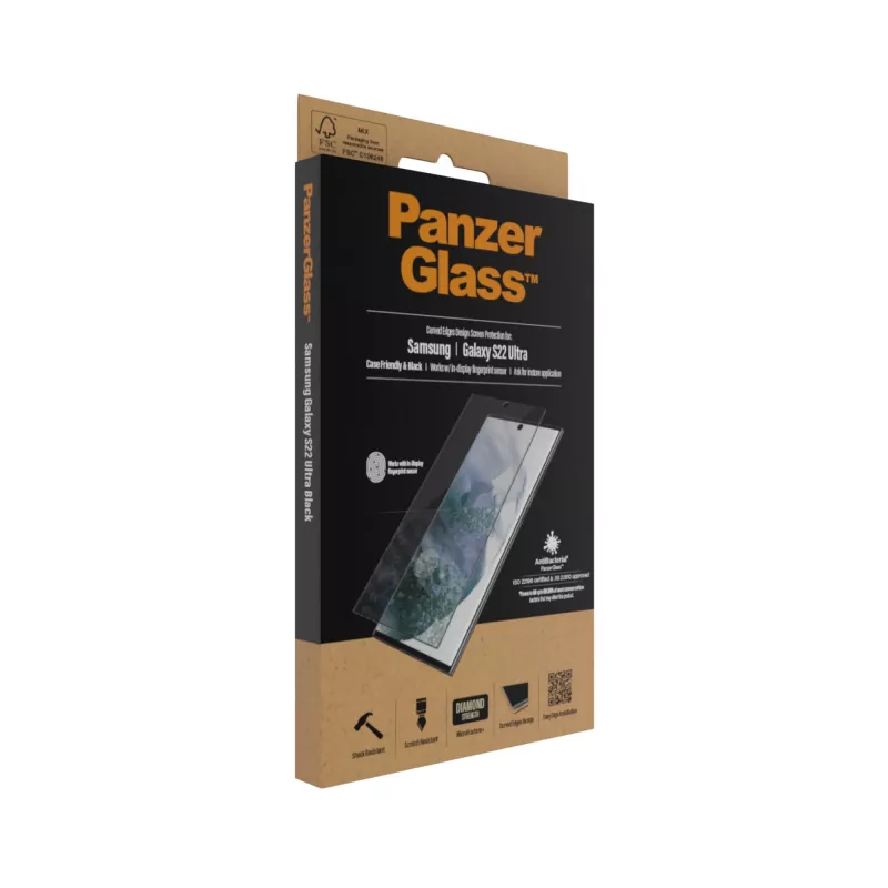 PanzerGlass 7295 screenprotector voor Samsung Galaxy S22 Ultra, gehard glas, hoesvriendelijk, zwart