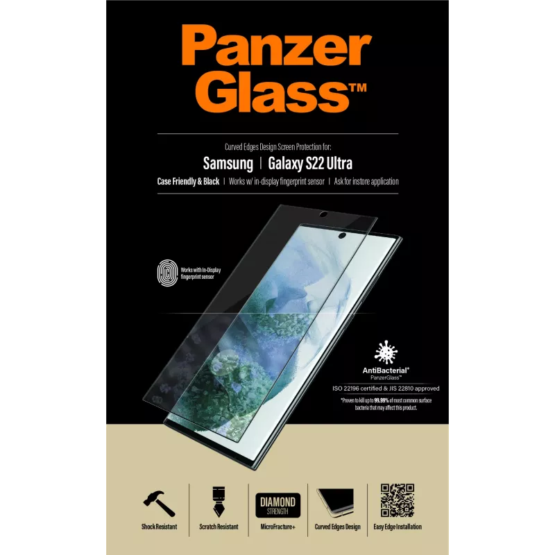 PanzerGlass 7295 screenprotector voor Samsung Galaxy S22 Ultra, gehard glas, hoesvriendelijk, zwart