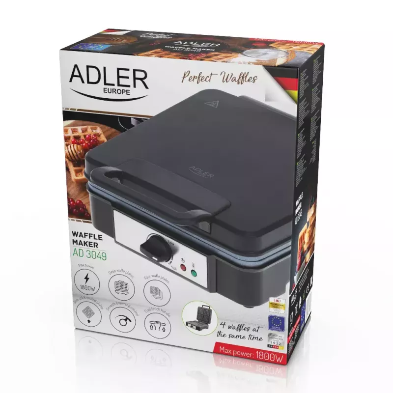 Wafelijzer Adler AD 3049, 4 vierkante wafels, antiaanbaklaag, 1800 W, zwart